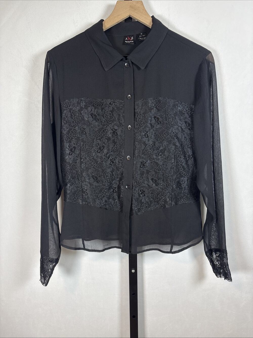Vintage AKS Amy K Su Black Silk Blouse Womens 10 Sheer Lace Top Whimsigoth 90s